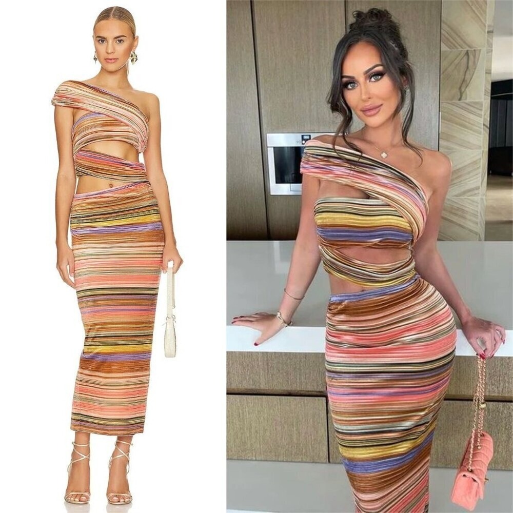 Ronny Kobo Corzo Multicolor Stripe Cutout Midi Dress Size L